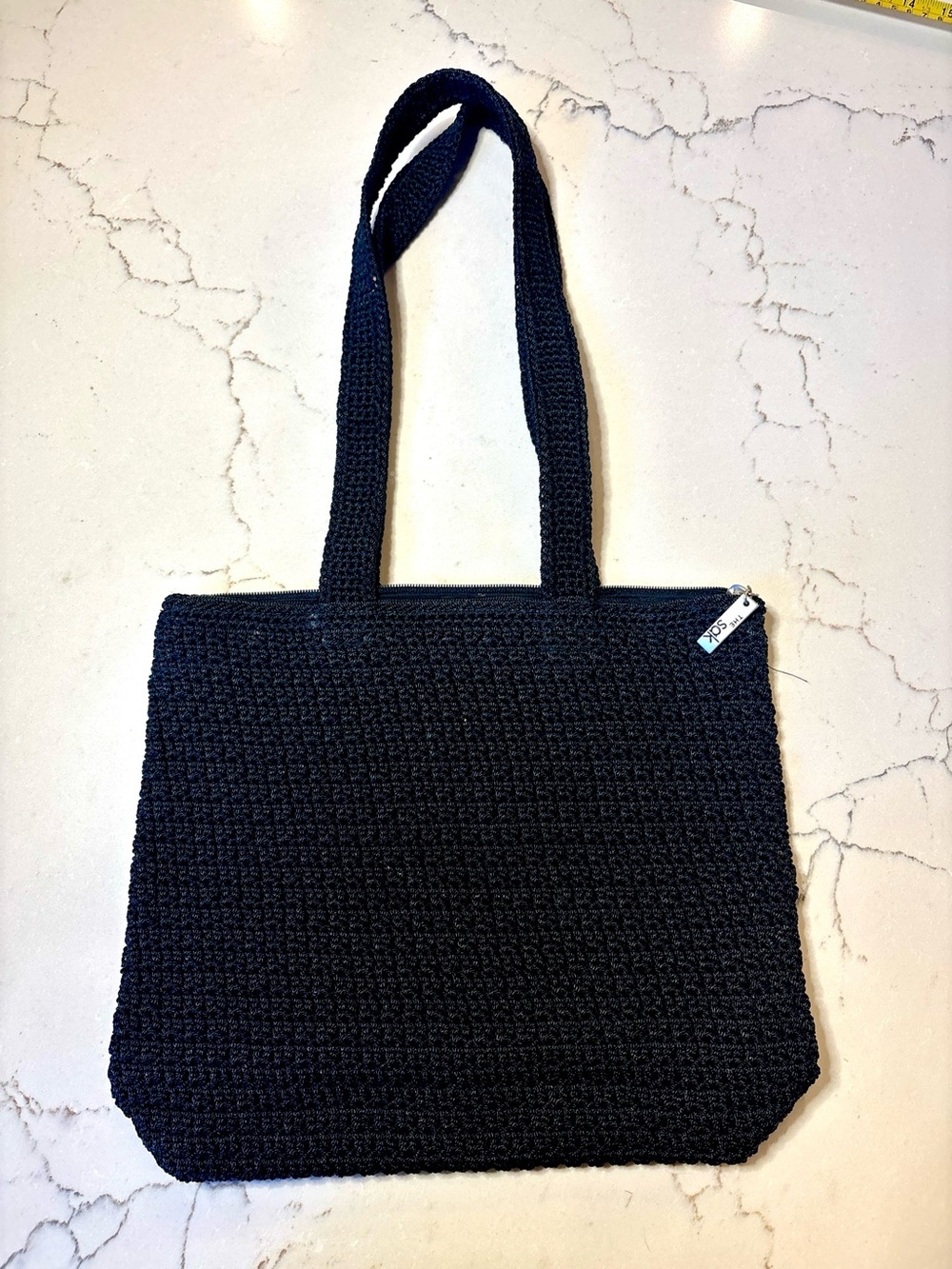 THE SAK Woven Crochet Double Strap Shoulder Tote Bag | Black